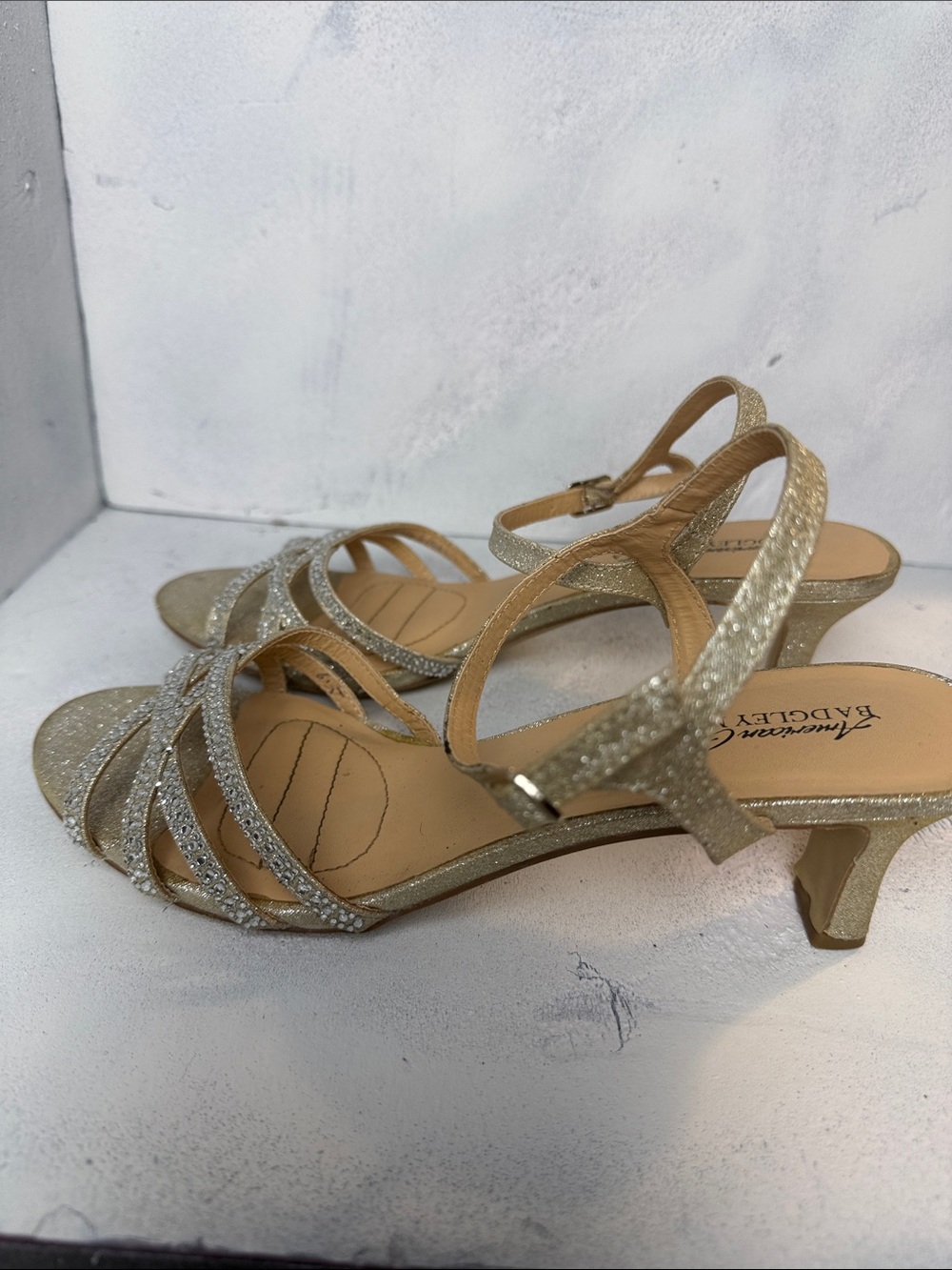 Badgley Mischka Gold Glitter Rhinestone Strappy Heels - Picture 4 of 4